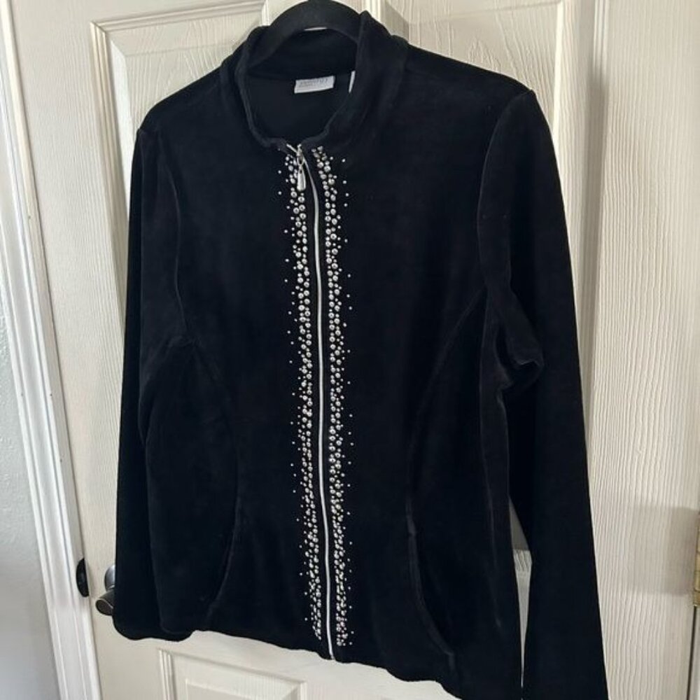 Zenergy by Chico’s Black Velvety Rhinestone Full Zip Jacket, Sz 1 - Picture 7 of 15